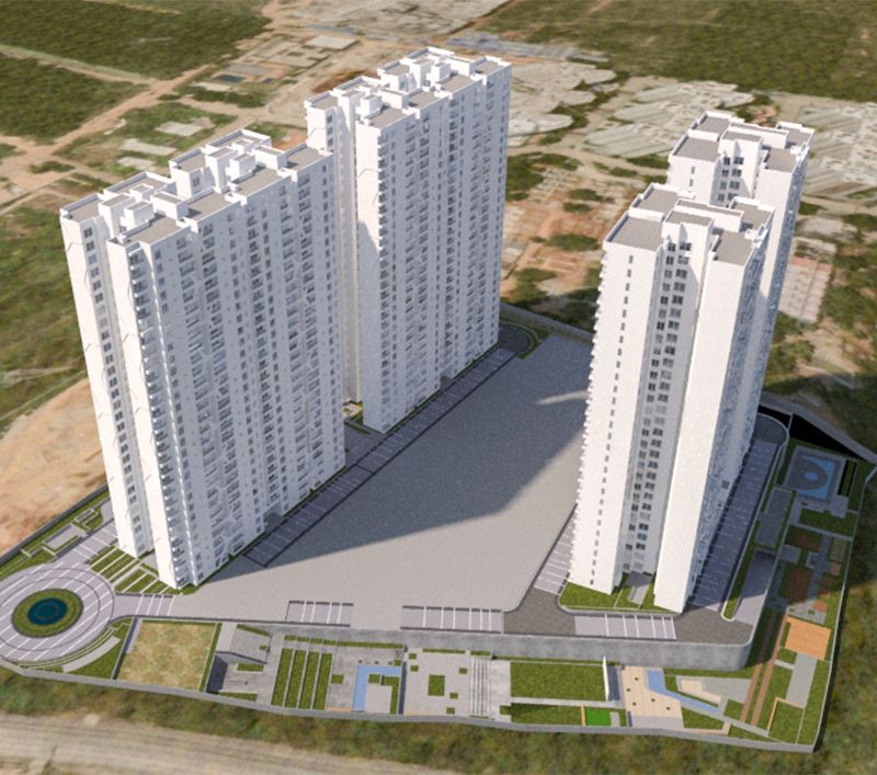 Mana Dale: Modern eco-luxury high-rise apartment project in Bangalore's Sarjapur Road, featuring sleek white towers with unique architectural patterns and integrated greenery, set amidst lush trees and an urban forest