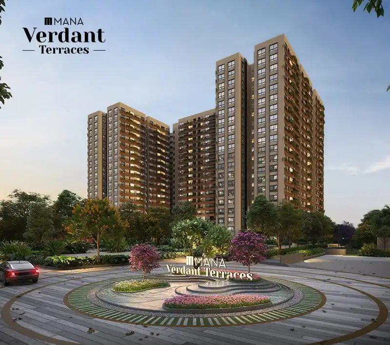 Aerial view of Mana Skanda luxury apartments in Bangalore by Mana Projects. Residential project with lake & greenery. The Right Life.